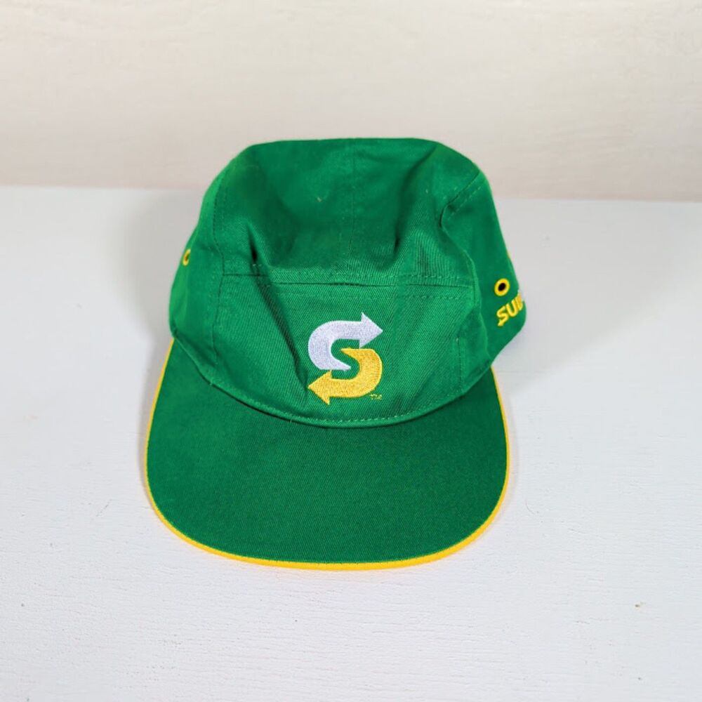 Subway employee uniform cap in green with a yellow brim